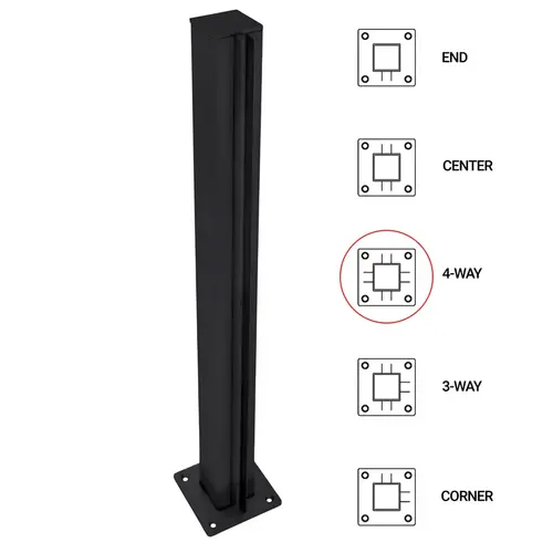 T1000 12" 4-Way - 1.5" Square Partition Post - Matte Black