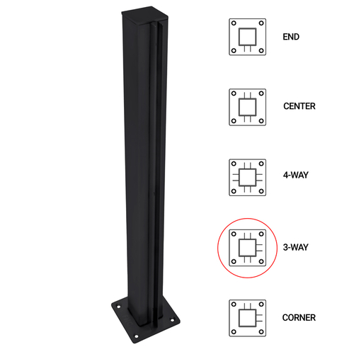 T1000 24" 3-Way - 1.5" Square Partition Post - Matte Black