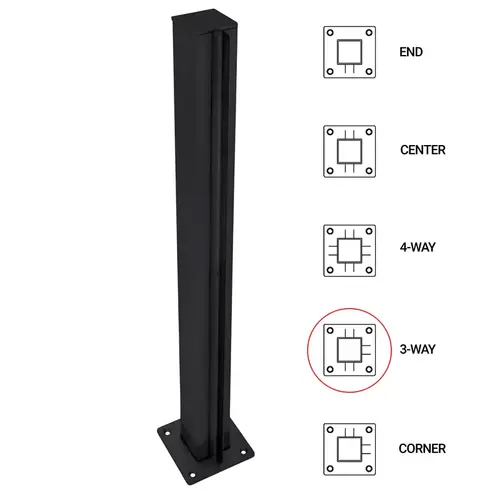 T1000 12" 3-Way - 1.5" Square Partition Post - Matte Black