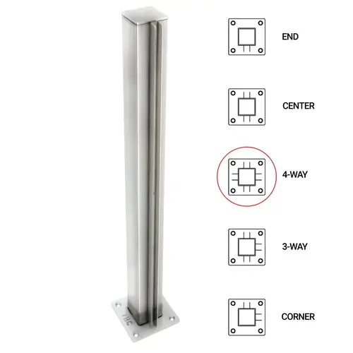 T1000 12" 4-Way - 1.5" Square Partition Post - Polished Stainless