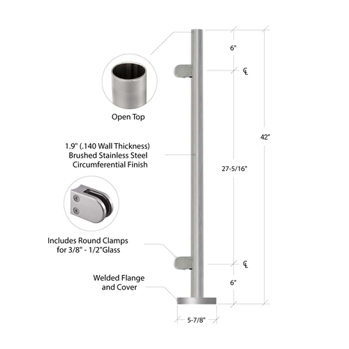 Post End - 1.9" Diameter with Clamps - 42" Tall - Brushed Stainless