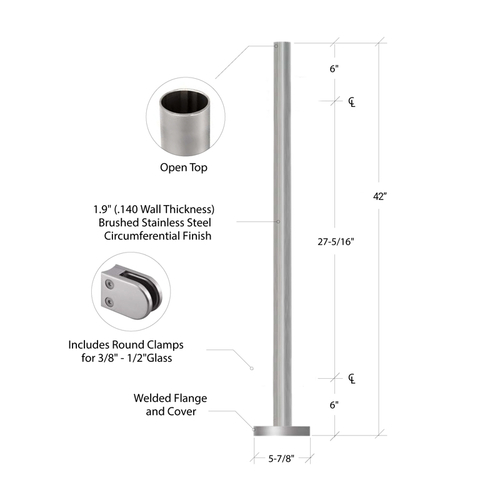 Blank Post - 1.9" Diameter with Cover Cap - 42" Tall - Brushed Stainless