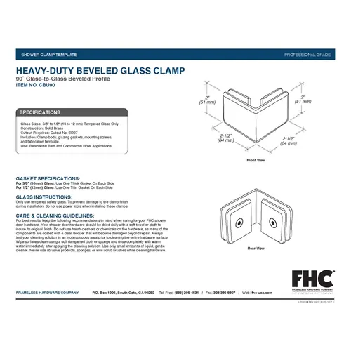 Beveled 90 Degree Glass Clamp - Satin Brass