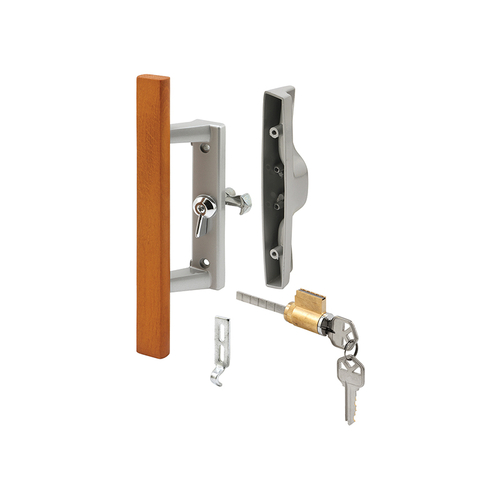 Diecast With Wood Handle - Gray - Patio Door Handle - Tee Lock - Keyed Aluminum