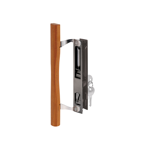 Keyed Sliding Glass Door Handle Set - Wood & Black Painted Diecast - Hook Style - Flush Mount - Fits 6-5/8" Hole Spacing (1 Set)