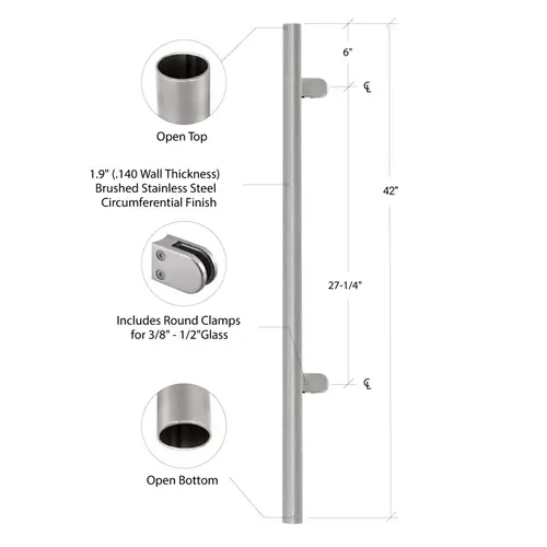 End Fascia Post - 1.9" Diameter with Clamps - 42" Tall - Brushed Stainless