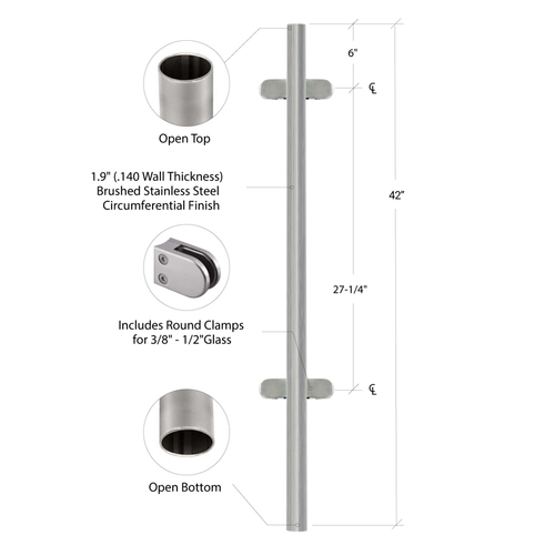 Center Fascia Post - 1.9" Diameter with Clamps - 42" Tall - Brushed Stainless