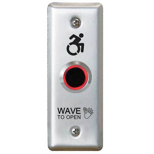 ValueWave CM-221 Series Touchless Actuator, 2" to 8" Range, Narrow Hand Icon/'Wave to Open' Text/Active Wheelchair Symbol Faceplate, Includes 1 Bi-Color Light Ring, Stainless Steel Finish Applied