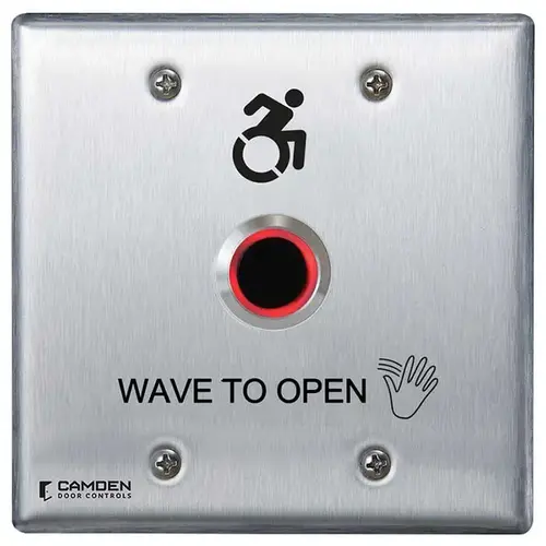 ValueWave CM-221 Series Touchless Actuator, 2" to 8" Range, Double Gang Hand Icon/'Wave to Open' Text/Active Wheelchair Symbol Faceplate, Includes 1 Bi-Color Light Ring, Stainless Steel Finish Applied