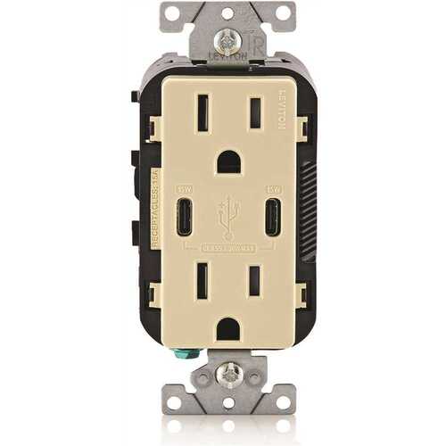 Leviton 001-T5637-00I 15a Decora Tamper-Resistant Receptacle With 30w Dual USB Type C/c, Ivory