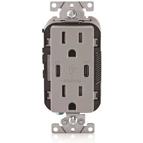 Leviton 004-T5637-00G 15a Decora Tamper-Resistant Receptacle With 30w Dual USB Type C/c, Grey