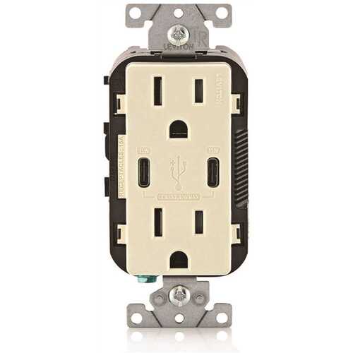 Leviton 008-T5637-00T 15a Decora Tamper-Resist Receptacle With 30w USB Type C/c, Light Almond