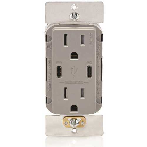 Leviton 004-T5636-00G 15a Decora Tamper-Resistant Receptacle With 60w Dual USB Type C/c, Grey