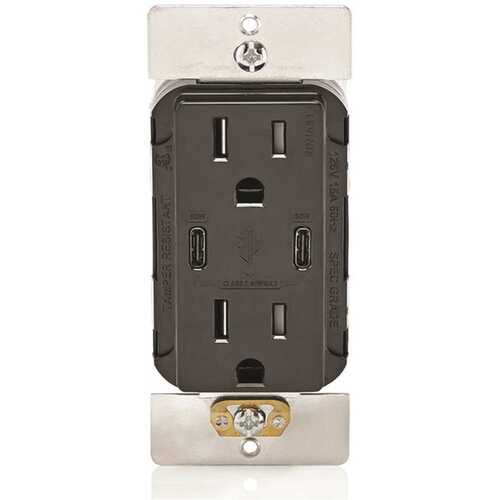 Leviton 005-T5636-00E 15a Decora Tamper-Resistant Receptacle With 60w Dual USB Type C/c, Black