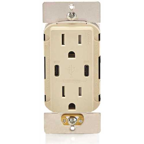 Leviton 008-T5636-00T 15a Decora Tamper-Resist Receptacle With 60w USB Type C/c, Light Almond