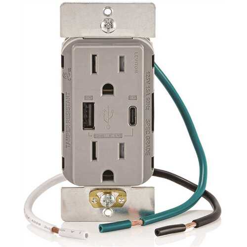 Leviton 004-T5634-00G 15a Decora Tamper-Resistant Receptacle With 60w Dual USB Type A/c, Grey