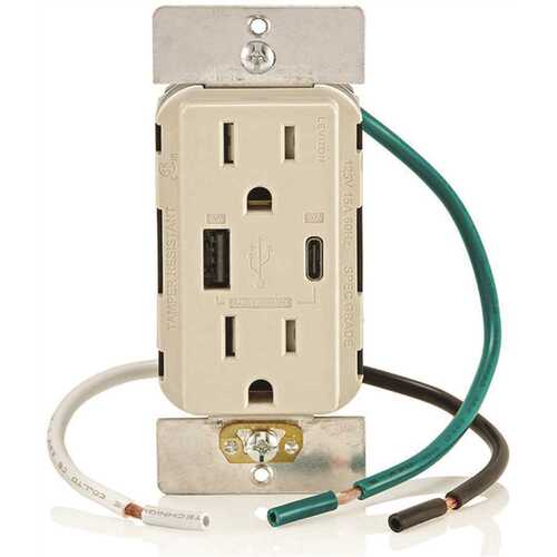 Leviton 008-T5634-00T 15a Decora Tamper-Resist Receptacle With 60w USB Type A/c, Light Almond