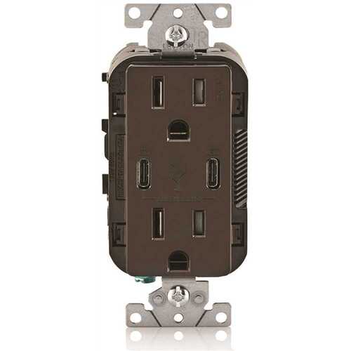 Leviton 006-T5637-00B 15a Decora Tamper-Resistant Receptacle With 30w Dual USB Type C/c, Brown