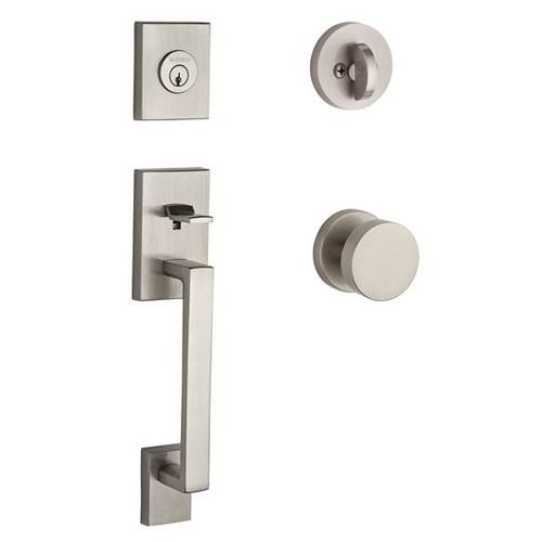 Single Cylinder La Jolla Handleset Contemporary Knob Contemporary Round Rose with 6AL Latch and Dual Strike Satin Nickel Finish