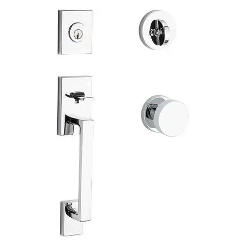 Single Cylinder La Jolla Handleset Contemporary Knob Contemporary Round Rose with 6AL Latch and Dual Strike Bright Chrome Finish