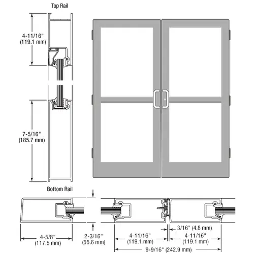 CRL-U.S. Aluminum SZ42511 Clear Anodized Class 1 Custom Pair Series IG500 StormFront Butt Hinged Entrance Doors For Panics and Surface Mount Door Closers