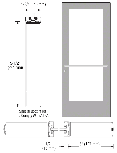 CRL-U.S. Aluminum CD51711L036 Clear Anodized 550 Series Wide Stile (RHR) HRSO Single 3'0 x 7'0 Center Hung for OHCC w/Standard Push Bars Complete ADA Door(s) with Lock Indicator, Cyl Guard