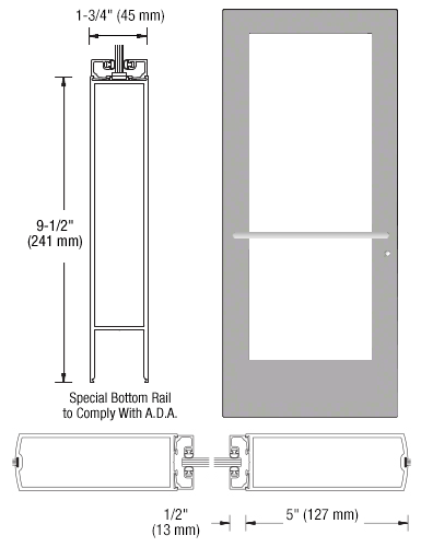 Clear Anodized 550 Series Wide Stile (LHR) HLSO Single 3'0 x 7'0 Center Hung for OHCC w/Standard Push Bars Complete ADA Door(s) with Lock Indicator, Cyl Guard
