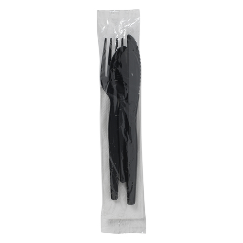 Dixie Heavy Weight Polystyrene Knife, Fork, Teaspoon, And Napkin Black Individually Wrapped Cutlery Kit, 250 Count