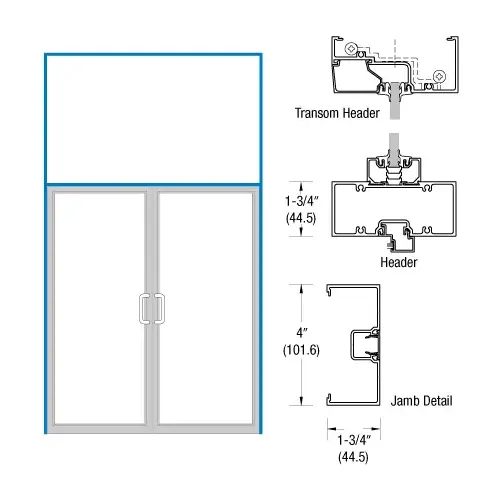 Clear Anodized Open Back Transom Frame for Pair of Doors Offset Hung Surface Closers with Concealed Panics