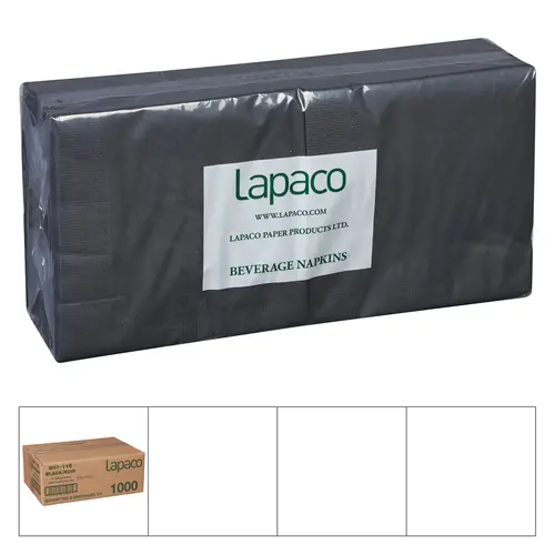 LAPACO 501-116 Lapaco 10 Inch X 10 Inch 1/4 Fold 2 Ply Black Beverage Napkin, 1000 Each