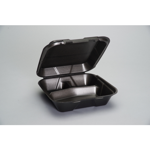 GENPAK SN203---3L Genpak 9.25 Inch X 9.25 Inch X 3 Inch Black Large 3 Compartment Snap It Foam Hinged Dinner Container, 100 Each
