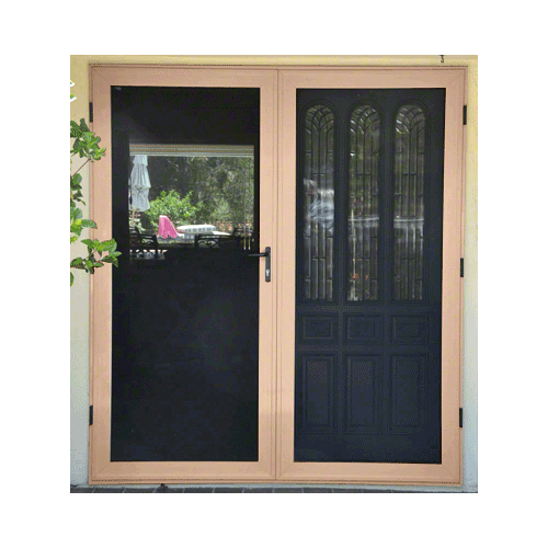 Security Screen Sahara Brown Finish 4-Sided Custom Size Premium French Security Door with Active Door on Left