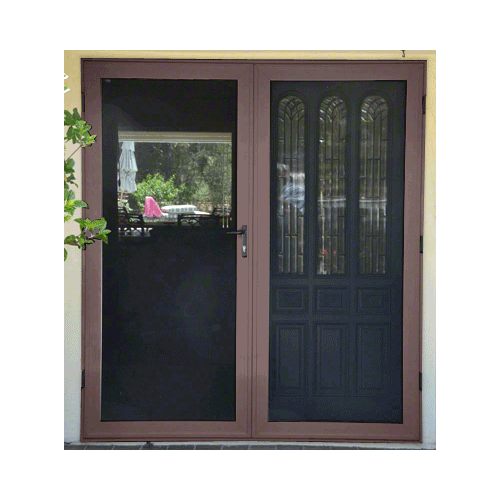 Security Screen Brown Finish 3-Sided Custom Size Premium French Security Door With Active Door on Left