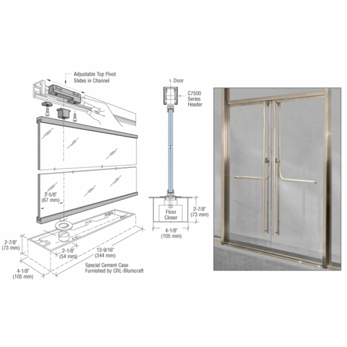 Brushed Stainless 1301 Entry Door 5/8" Glass w/Overhead Closer - with Electric Deadbolt Lock