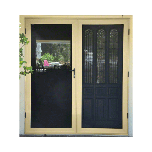 Security Screen Almond Finish 3-Sided Custom Size Premium French Security Door With Active Door on Left