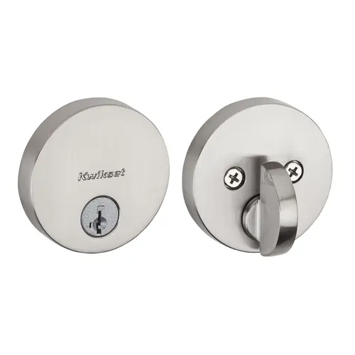 Uptown Round Contemporary Low Profile Single Cylinder SmartKey Deadbolt with 6AL Latch and STRKP Strike Pack which includes Square Corner, Round Corner and 5303 Round Corner Full Lip Strikes KA3 Satin Nickel Finish