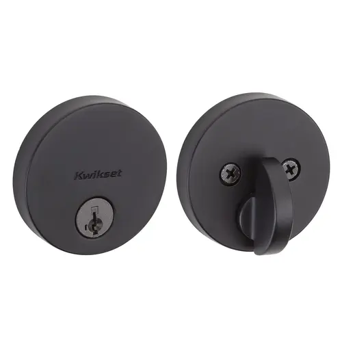 Uptown Round Contemporary Low Profile Single Cylinder SmartKey Deadbolt with 6AL Latch and STRKP Strike Pack which includes Square Corner, Round Corner and 5303 Round Corner Full Lip Strikes KA3 Matte Black Finish