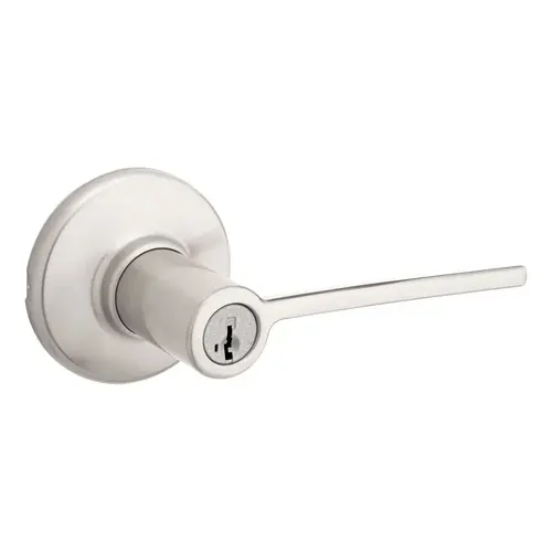 Ladera Lever with Round Rose Entry Door Lock with 6AL Latch and RCS Strike Satin Nickel Finish