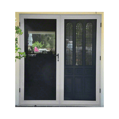 Security Screen Light Gray Finish 3-Sided Custom Size Premium French Security Door With Active Door on Left