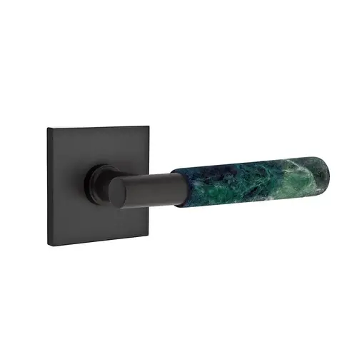 T-Bar Stem Green Marble Lever Left Hand 2-3/8" Backset Privacy with Square Rose for 1-1/4" to 2" Door Flat Black Finish