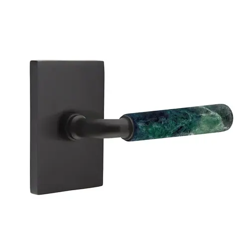 R-Bar Stem Green Marble Lever Right Hand 2-3/8" Backset Privacy with Modern Rectangular Rose for 1-1/4" to 2" Door Flat Black Finish