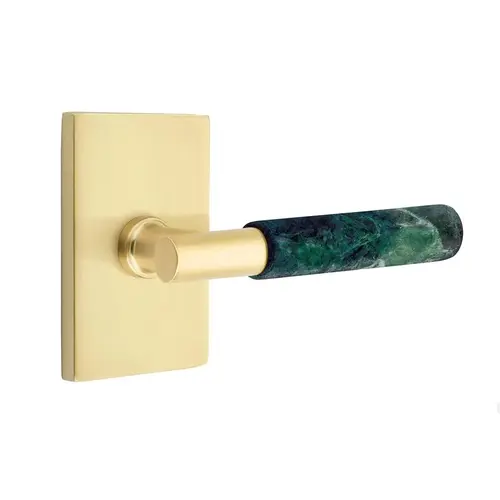 T-Bar Stem Green Marble Lever Left Hand 2-3/8" Backset Privacy with Modern Rectangular Rose for 1-1/4" to 2" Door Satin Brass Finish