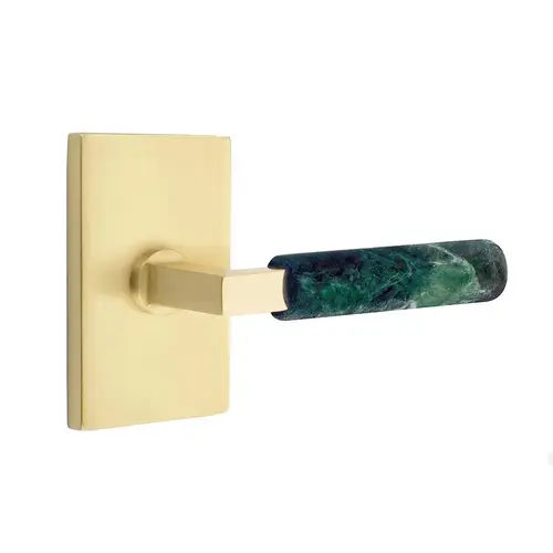 L-Square Stem Green Marble Lever Right Hand 2-3/8" Backset Privacy with Modern Rectangular Rose for 1-1/4" to 2" Door Satin Brass Finish