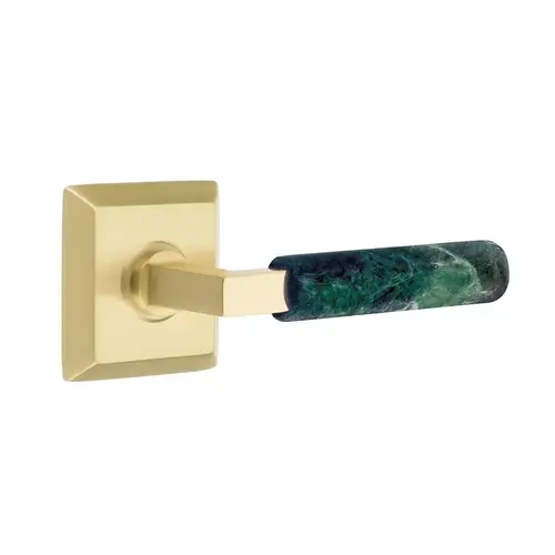 L-Square Stem Green Marble Lever Right Hand 2-3/8" Backset Passage with Quincy Rose for 1-1/4" to 2" Door Satin Brass Finish