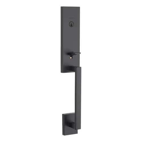 Single Cylinder Vancouver Exterior Handleset with SmartKey with 6AL Latch and STRKP Strike Pack which includes Square Corner; Round Corner and 5303 Round Corner Full Lip Strikes Matte Black Finish