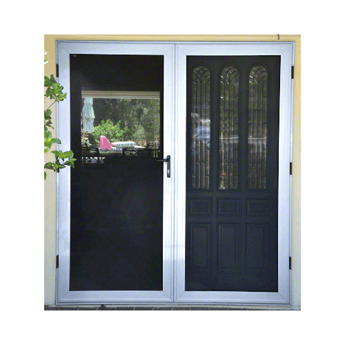 Security Screen Silver Finish 4-Sided Custom Size Premium French Security Door with Active Door on Left