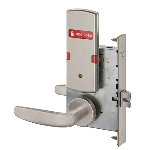 Bed / Bath Privacy Mortise Lock with 07 Lever and A Rose with Outside Occupied Vacant Indicator Satin Stainless Steel Finish