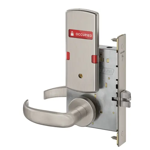 Bed / Bath Privacy Mortise Lock with 17 Lever and A Rose with Outside Occupied Vacant Indicator Satin Stainless Steel Finish