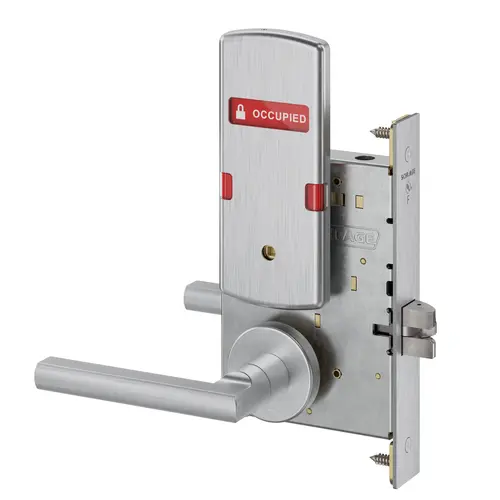 Bed / Bath Privacy Mortise Lock with Latitude Lever and A Rose and L283-722 Privacy Indicator Satin Chrome Finish