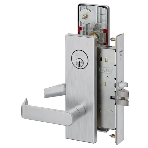 Automatic Unlocking Entry Mortise Lock C Keyway with 06 Lever and N Escutcheon with Large ADA Thumbturn and Indoor Locked / Unlocked Indicator Satin Chrome Finish